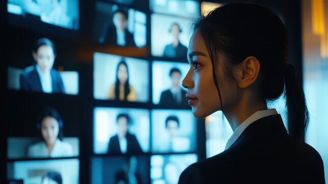 Businesswoman in a virtual meeting, using video call technology with a diverse group of professionals on screen