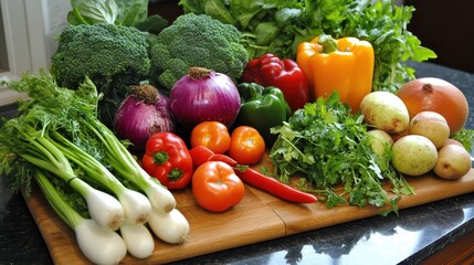 Modern kitchen with fresh vegetables, fruits, and a cutting board, promoting healthy eating habits and lifestyle