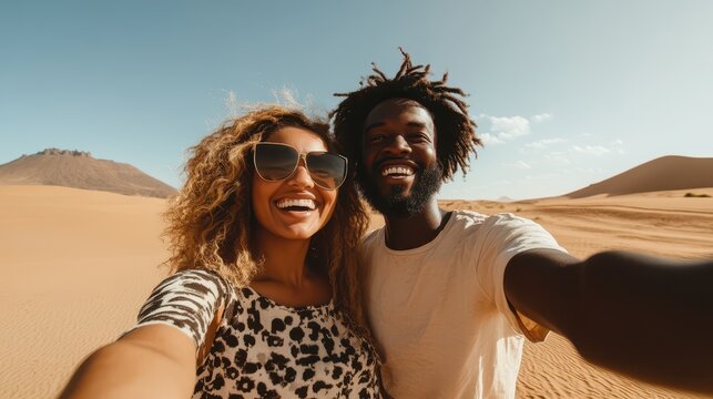 A smiling couple taking a selfie in front of a beautiful landmark while traveling, capturing memories and joy