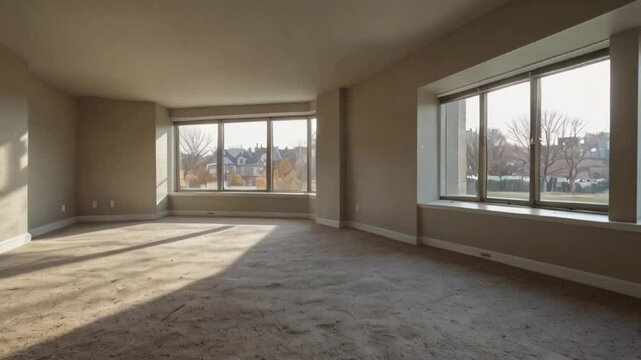 A well lit, empty room has large windows showing a suburban scene, with a beige carpet and paint. The room is likely awaiting furniture.


