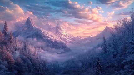 Snowy mountain valley sunrise, winter landscape, fantasy art, game background