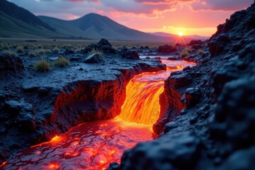 Fototapeta premium Molten lava flow cascading over rugged terrain, rocky, terrain