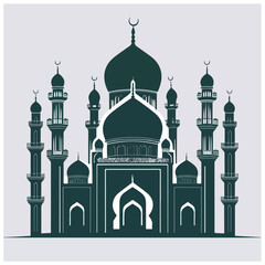 Islamic mosque silhouette vector Black silhouette of a Islamic mosque and crescent with lanterns. Eid Mubarak logo. vector illustration