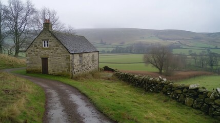 A charming stone house rests near a peaceful path, framed by distant hills and enveloped in the soft light of a cloudy day.