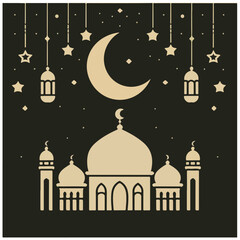 Islamic mosque silhouette vector Black silhouette of a Islamic mosque and crescent with lanterns. Eid Mubarak logo. vector illustration