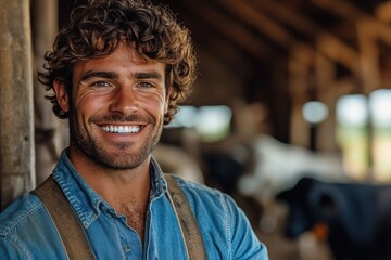 Fototapeta premium Smiling man in rustic barn setting enjoys a sunny day while taking a break from farm work, showcasing a sense of pride and connection to his rural lifestyle
