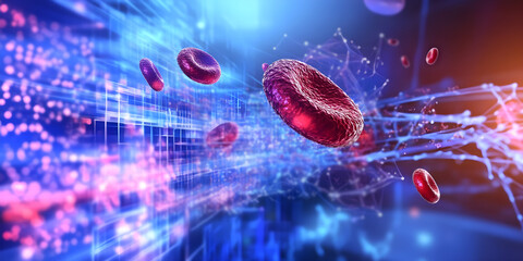 Aedes mosquitoes Diseases  Protection concept. Dynamic illustration of red blood cells in a vibrant, technological environment.