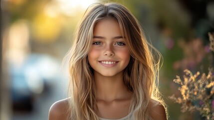 Naklejka premium Portrait of a young girl smiling in a sunlit street capturing the essence of a warm afternoon in a vibrant neighborhood