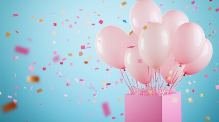 Colorful balloons and confetti create a festive atmosphere in a decorative box for a celebration or party event setting