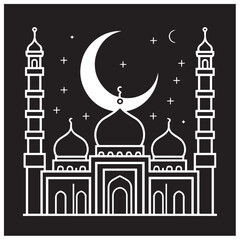 Islamic mosque silhouette vector Black silhouette of a Islamic mosque and crescent with lanterns. Eid Mubarak logo. vector illustration