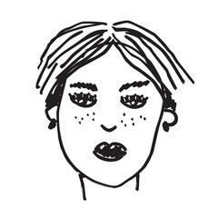 Head of a young woman is hand-drawn. Abstract vector portrait on an isolated background.