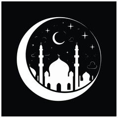 Islamic mosque silhouette vector Black silhouette of a Islamic mosque and crescent with lanterns. Eid Mubarak logo. vector illustration