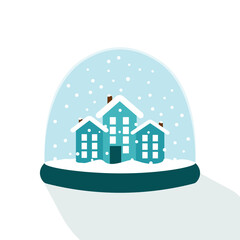 blue house with snowfall, snow globe vector illustration