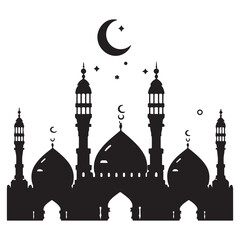 Islamic mosque silhouette vector Black silhouette of a Islamic mosque and crescent with lanterns. Eid Mubarak logo. vector illustration