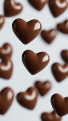 3d Milk chocolate hearts levitating against soft background, valentine day symbolizing sweet romance and indulgent celebration of love