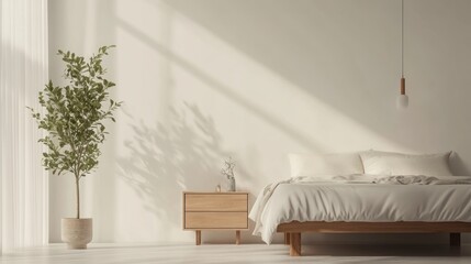 Serene Minimalist Bedroom Interior Design: Sunlight Illuminates a Calm Space