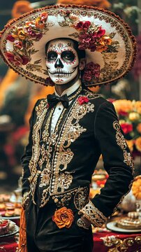 Elegant Man Wearing Traditional D&iacute;a de Muertos Costume and Makeup