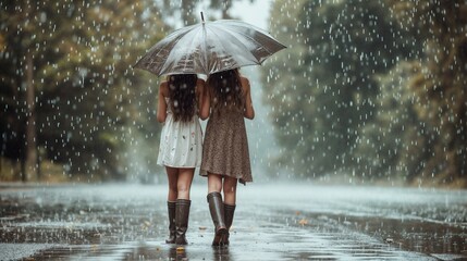 Two women in summer dresses and boots under umbrella, walking in the rain