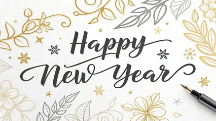 Exquisite Calligraphic "Happy New Year" Text on Transparent PNG Background, Featuring Top Right White Space for Design Flexibility