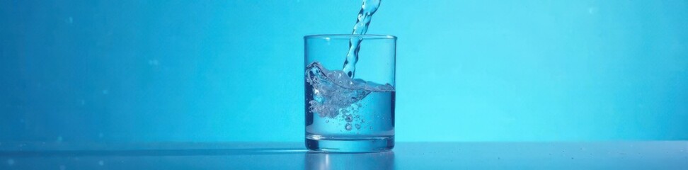 Water flows from bottle to glass, creating a smooth surface on blue background, glass, refreshment