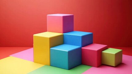 Obraz premium Colorful Cubes Abstract Composition: A vibrant display of geometric shapes arranged in a visually appealing stair-step pattern against a bold red backdrop.