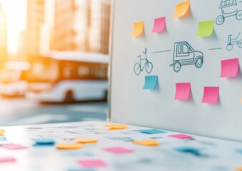Innovative Urban Planning Session with Colorful Sticky Notes and Traffic Sketches