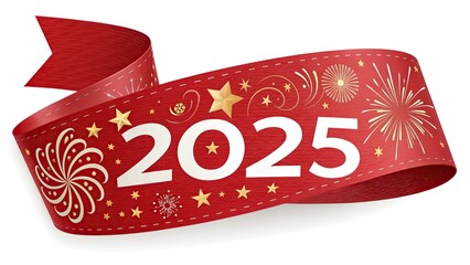 Eye-catching 3D red ribbon with "2025" in white, surrounded by festive New Year decorations, flowers, and fireworks, clip art style, isolated on a transparent PNG background, detailed close-up.