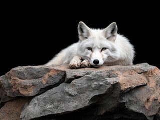 A white fox laying on top of a large rock