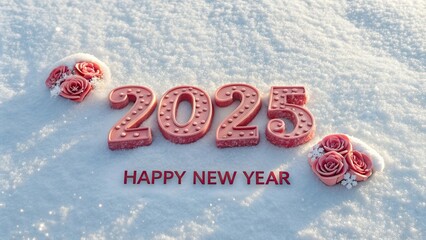 Romantic 3D "Happy New Year" text in pink with heart-shaped roses on a snowy backdrop, featuring central "2025" numerals, hyper-realistic and festive.