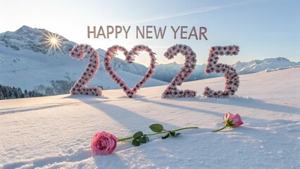 Festive 3D "Happy New Year" with Heart-Shaped Pink Roses and '2025' against Snowy Mountain Landscape, Romantic Pastel Tones, Sunny Blue Sky, High Resolution