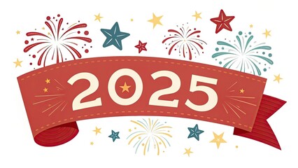 Celebratory red ribbon adorned with New Year elements, fireworks, and stars around the text "2025", conveying joy for the Happy New Year, set against a transparent background.