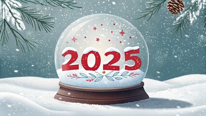 Magical snow globe showcasing "2025" in red, set against a snowy backdrop, inviting viewers to peer into a crystal ball filled with winter's enchantment.