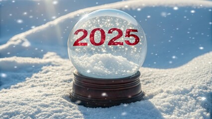 Alluring snow globe with "2025" in red, placed atop a snowy background, generating a sense of curiosity and wonder, as if gazing into a crystal ball of winter's secrets.