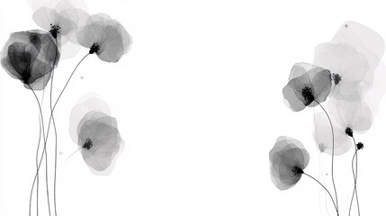 Monochrome watercolor poppies, elegant floral design, artistic illustration, delicate petals, minimalist style, white background, soft focus.