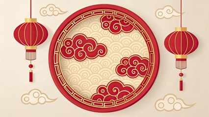Red and Gold Auspicious Clouds with Lanterns, Circular Frame, Chinese New Year Theme, Flat Design, High-Resolution, No Text, Simple Background.