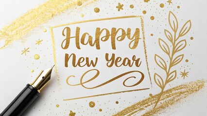 Golden Calligraphy "Happy New Year" on Transparent PNG, Perfect for Luxury Holiday Greetings and Design