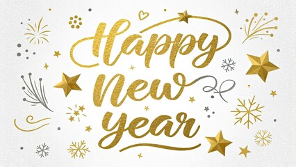 Luxurious Gold Calligraphy "Happy New Year" on Transparent Background, PNG Format for Elegant Holiday Designs
