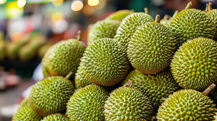 A close-up of spiky green durians stacked together, showcasing their unique appearance, often found in vibrant markets.