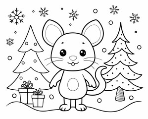 Cute Christmas Mouse Coloring Sheet - Festive Printable for Kids. Cute mouse, snowflake and trees.
