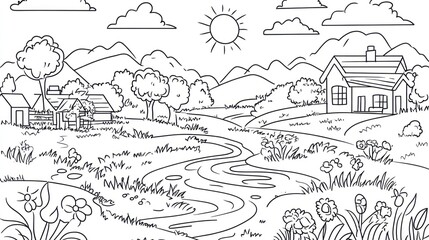 Obraz premium Sunny rural creekside houses coloring page