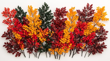 Colorful autumn leaves arranged in a flat lay composition on white background.