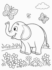 Cute Elephant and Butterflies  for children Coloring Page - Fun Printable for Kids.
