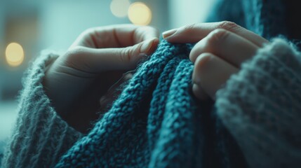 A close-up of a personis hands knitting a scarf, symbolizing relaxation, creativity, and the joy of crafting