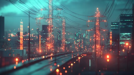 Fototapeta premium A vibrant cityscape at night, featuring glowing power lines and modern buildings, illuminated by an ethereal blue-green light.