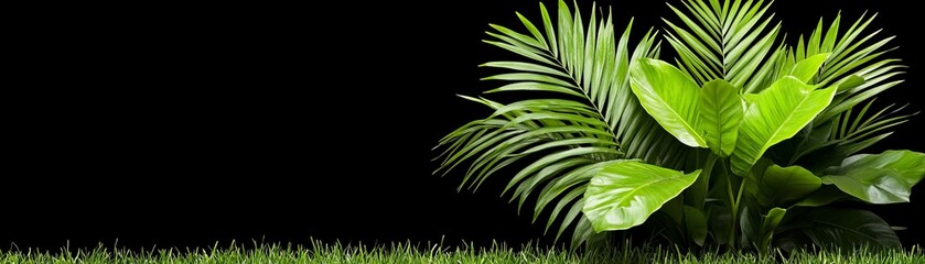 Tropical Paradise: Lush greenery, vibrant palm leaves, and a touch of grass against a dramatic black backdrop.  A tranquil oasis of nature.