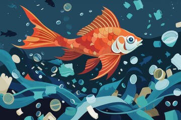 Fototapeta premium Colorful fish amid ocean plastic waste