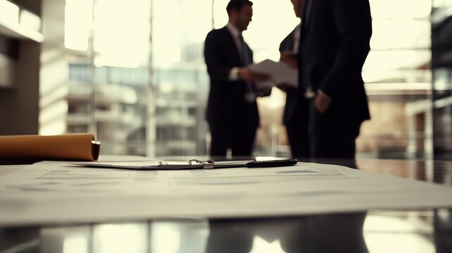 A team of business professionals reviewing project documents and making plans in a modern office, symbolizing collaboration and teamwork