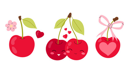 Set ripe cherries. Cute cherries for postcard, sticker, banner, poster for Valentines Day. Flat illustration on white background.