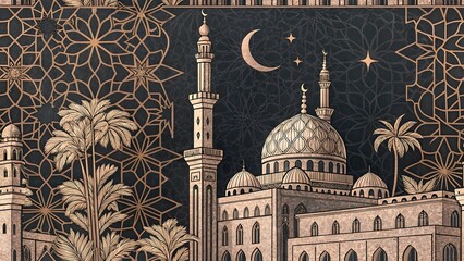 Elegant Islamic Ornamental Background with Floral and Geometric Arabesques in Rich Burgundy