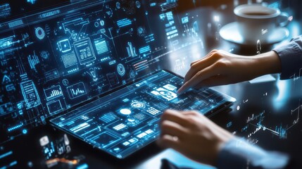 A person using a digital tablet to create graphic designs, surrounded by a modern workspace with a cup of coffee, symbolizing creativity and digital design